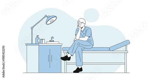 Medical, healthcare, doctor, sitting, clinic, blue, illustration, vector, medical professional, office, examination, treatment, patient care, health, wellness, medicine, doctor's office, nurse