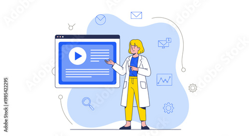 Flat design illustration of scientist with video play button, blue background, icons, minimalistic style, vector graphics, web and media concept, educational and informative, colorful and modern