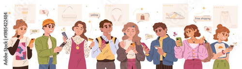 People with smartphones browsing online shopping in cartoon style on white background, concept of ecommerce. Vector illustration