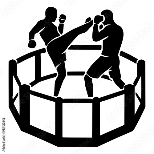 Silhouette of mixed martial arts fighters in octagon cage, one delivering high kick, opponent defending. Dynamic combat sports illustration for strength, competition, and athletic themes.
