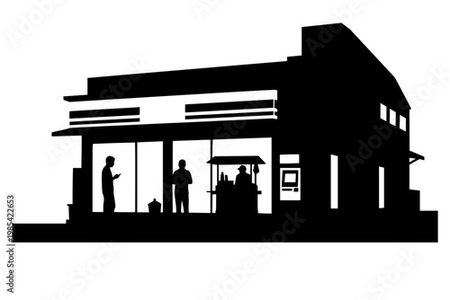 Convenience store exterior silhouette with customers, street food cart vendor and ATM machine outside, urban retail shop bold black illustration isolated on background