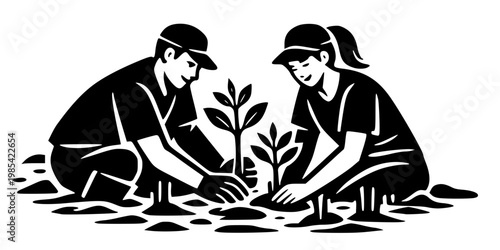 Man and woman volunteer couple planting seedlings together in soil, tree planting environmental conservation teamwork, bold black silhouette illustration isolated on background