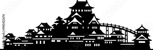 Detailed black silhouette of a traditional Japanese castle complex. Panoramic vector illustration featuring oriental architecture with curved pagoda roofs, fortified walls, and a connecting bridge for