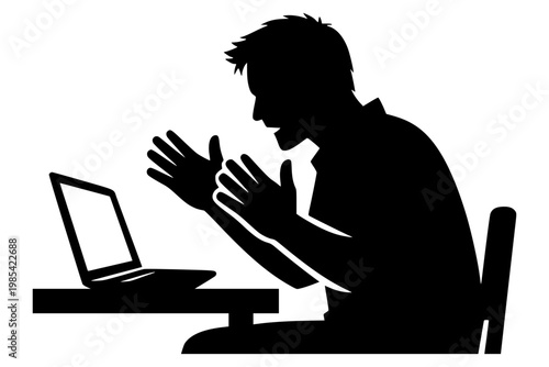 Frustrated man sitting at desk gesturing with raised hands at laptop, stressed worker angry at computer, bold black silhouette illustration isolated on background