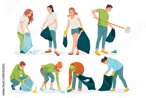 Group of people collecting trash in a cartoon style on a white background, showing environmental care. Vector illustration