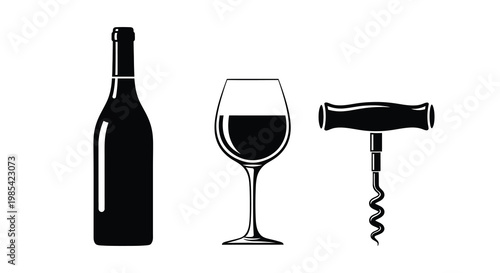 Wine bottle glass and corkscrew depicted in a dark silhouette