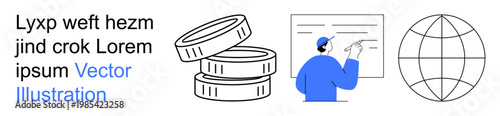 Business ideas, financial planning, education, global trade, monetary systems, corporate growth. Stacked coins, a speaker giving a presentation and a globe illustration. Business ideas and financial
