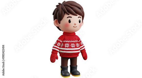 Cartoon Boy in Red Snowflake Sweater and Winter Boots