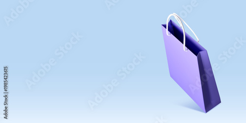 A purple shopping bag in a minimal style on a light blue gradient background, symbolizing modern consumerism. Vector illustration