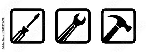 Set of three minimalist tool icons: screwdriver, wrench, and hammer in rounded squares.