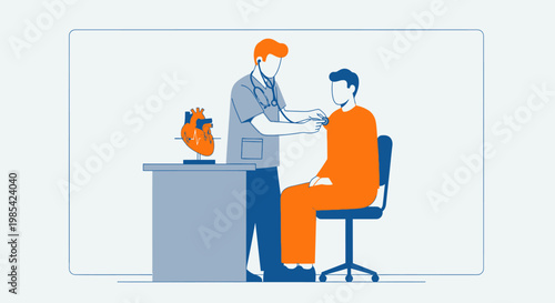 Medical consultation, doctor patient, healthcare vector, orange blue illustration, office meeting