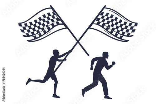 Silhouette of a man holding crossed checkered racing flags while another person runs past him during a fast competition event