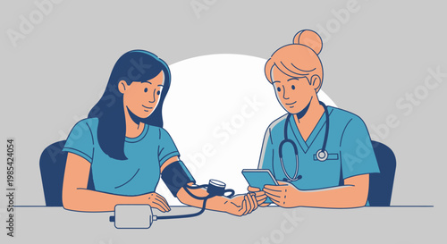 Medical, healthcare, doctor, nurse, blood pressure check, medical exam, vector illustration, blue scrubs, stethoscope, medical professional, patient, healthcare worker, clinic, hospital
