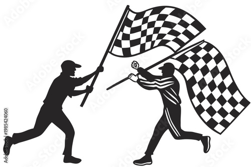 Two professional people running while holding black and white checkered racing flags to celebrate a victory in a sporting competition