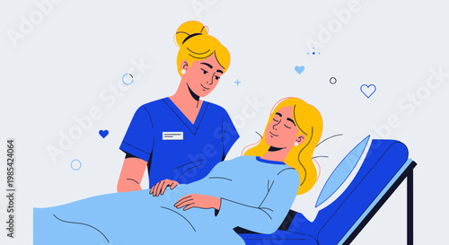 Nurse comforting patient, healthcare illustration, medical vector, blue color scheme, caregiver support