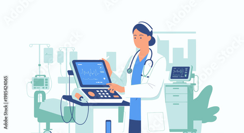 Female doctor, medical professional, hospital setting, blue and white uniform, healthcare worker, medical equipment, vector illustration