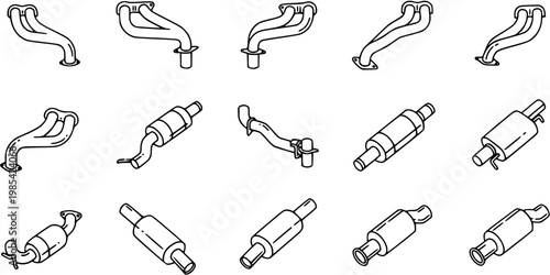 Black and White Line Art Icons of Automotive Exhaust System Components: Manifolds and Mufflers