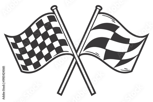 Two crossed checkered flags representing victory in motor racing events displayed as a bold black and white line art illustration