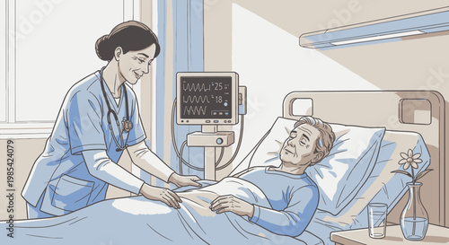 Hospital scene, nurse caring for patient, medical illustration, healthcare vector, blue tones