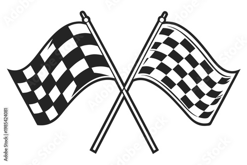 Two classic black and white checkered racing flags crossed together to represent the finish line of a fast vehicle competition