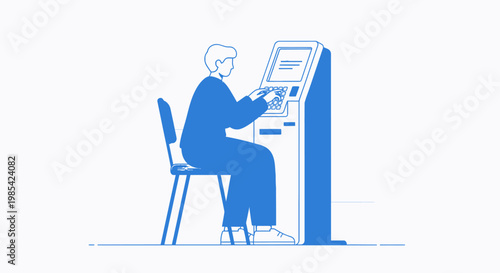 Blue, minimalist, vector illustration of person using ATM, banking, finance concept, payment terminal, isolated