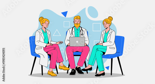 Medical professionals, doctors, healthcare workers, sitting, discussion, meeting, vector icons