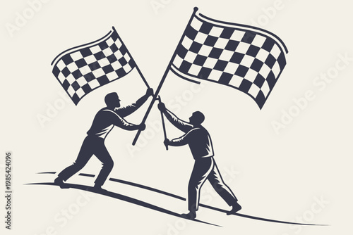 Two determined figures hold and cross checkered racing flags, symbolizing a finish line, competition, or the exciting start of an event.