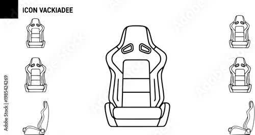 Black and White Line Art Icon of Racing Car Seat, Automotive Sports Interior Design Element
