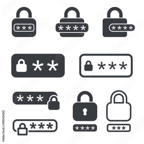 password icon set, lock with password security