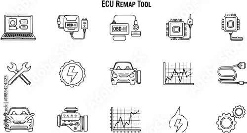 Automotive ECU Remap Tool and Car Diagnostics Line Art Icons Set. Outline Symbols for Engine Tuning, Performance, and Vehicle Electronics.