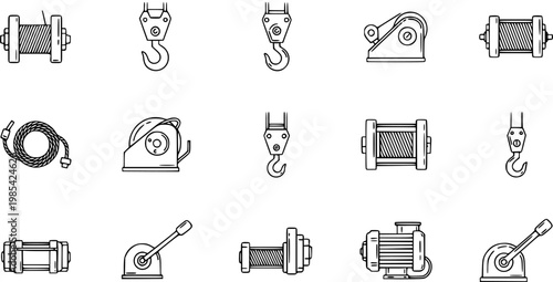 Black and White Line Art Icons of Lifting and Hoisting Equipment: Winches, Hooks, Ropes