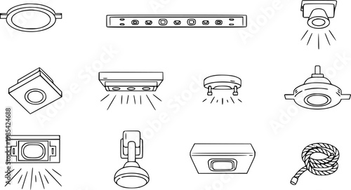 Black and White Line Art Icons of Various Ceiling and Recessed LED Lighting Fixtures, Rope
