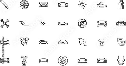 Automotive Line Art Icons Set - Outline Symbols for Cars, Vehicle Parts, Repair, and Transportation