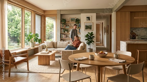 Couple relaxing in modern minimalist living room