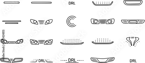 Automotive Car Headlights and DRL Daytime Running Lights Line Art Icons Set for Vehicle Front Design
