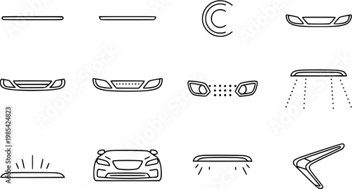 Automotive Line Art Icons: Grilles, Bumpers, Headlights, and Car Silhouette
