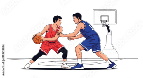 Two male basketball players in action on a court, one in red and the other in blue, competing for the ball with a hoop in the background.