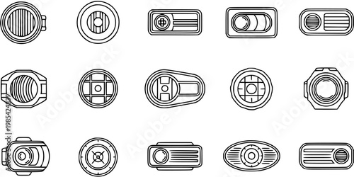 Black and White Line Art Icons of Automotive Headlights and Technology Flashlights - Illumination Devices Set