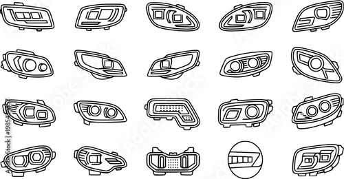 Set of black and white line art car headlights vector icons
