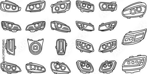 Automotive Car Headlights Taillights Outline Line Art Icons Collection. Black and White Vector Set of Vehicle Lighting Parts.