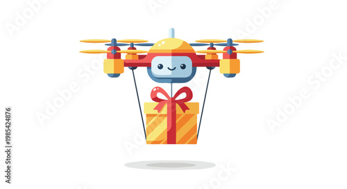 A cheerful cartoon drone flying with a wrapped gift box on a clean white background with bright colors.