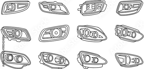 Automotive Car Headlights Vector Line Art Set - Black  White Outline Collection of Vehicle Headlamps and Auto Front Lights Design