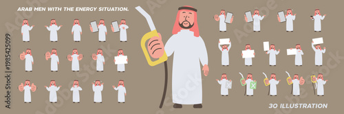 Arab Man and Oil Energy Situation. 30 Illustration.