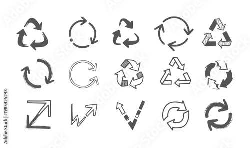 Collection of hand drawn circular arrow and recycle symbols refresh