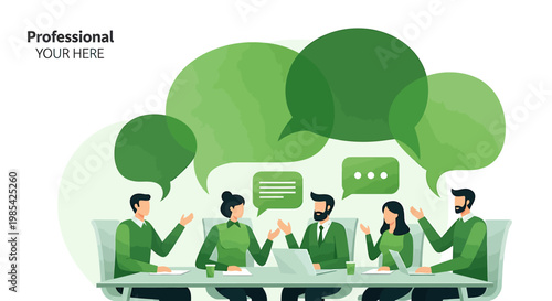 Business Meeting Discussion with Green Speech Bubbles.