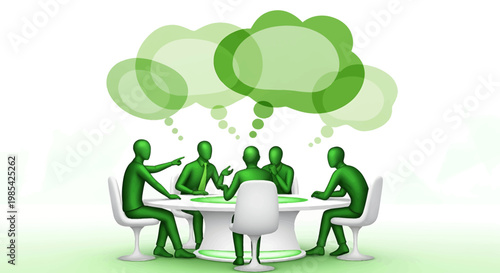 Green figures in a meeting discussing ideas.