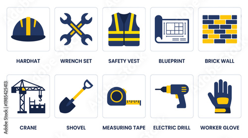 Construction tools and safety equipment on blue background