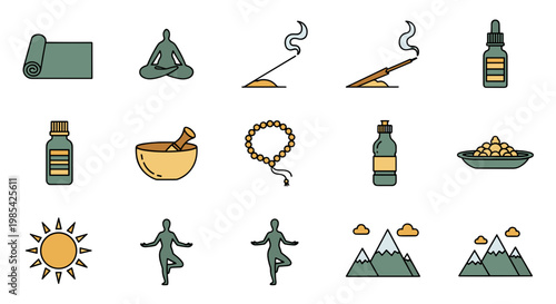 Collection of wellness and relaxation items with yoga and nature