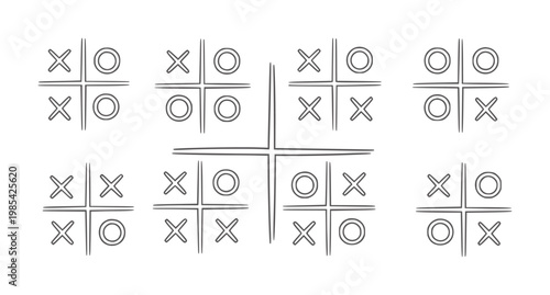 Multiple tic tac toe games with x and o symbols in various stages