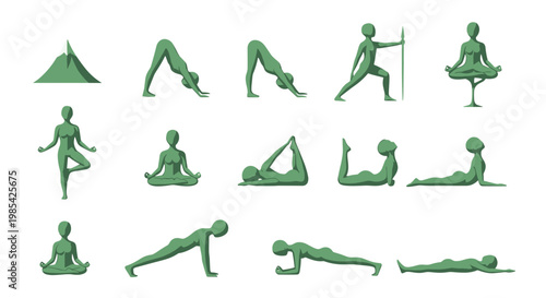 Collection of green yoga poses and exercises